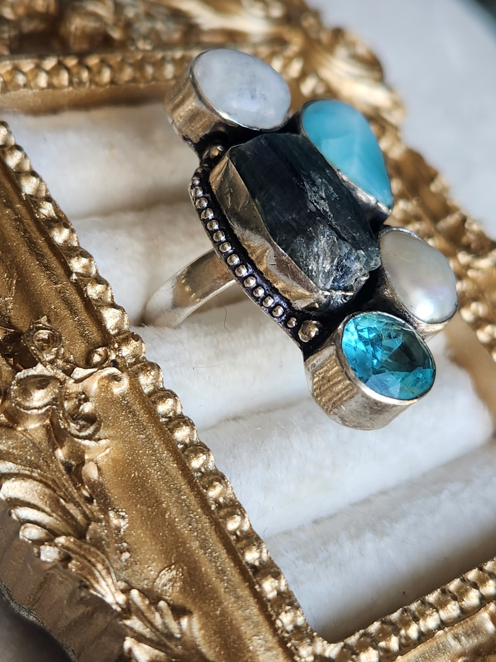 Vtg 925 Sterling Silver Multi Gemstone Cluster Ring Moonstone Larimar Kyanite 8 - Picture 4 of 7